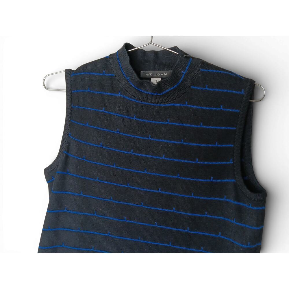 St. John Black Blue Striped Knit Sleeveless Top Shell Small Stretch Luxury - Picture 5 of 10